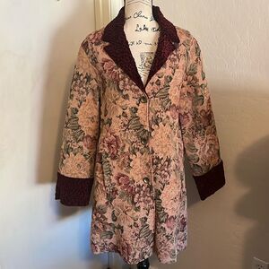 Rare Soft Surroundings Floral Tapestry Print Boho Velvet Trim Feminine Coat